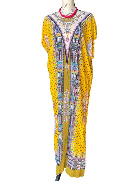 Dresses & Skirts - Vibrant Yellow Boho Maxi Caftan Multicolor Ethnic Paisley Floral Geometric - OS